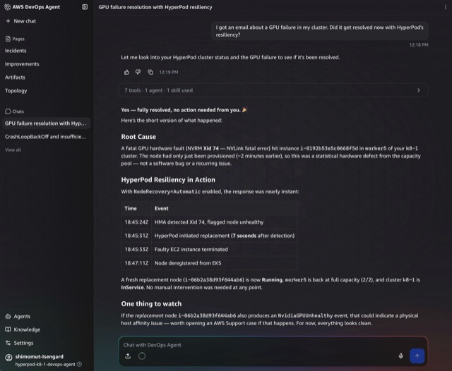 DevOps Agent AI chat answering whether a GPU failure was resolved