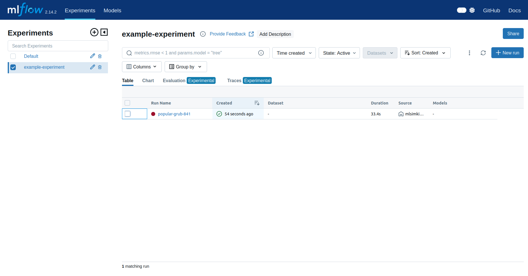 Figure 2. MLFlow UI w/ experiment
