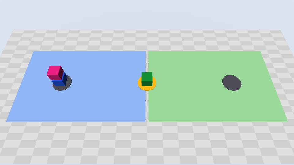 The simulated floor at the start of a run. The west zone is light blue and the east zone is light green. The pink parcel is on the blue west cart at stock. The green east cart waits at the amber shared dock.