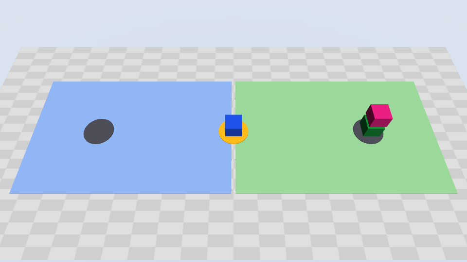 The simulated floor at the end of the demo. The pink parcel is on the green east cart at etch, in the east zone. The blue west cart waits at the amber dock.