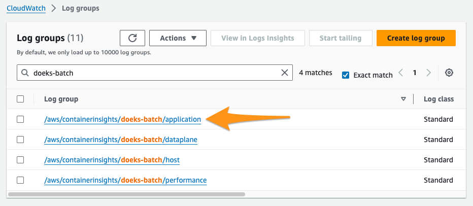 CloudWatch management console, showing the location of the application logs.