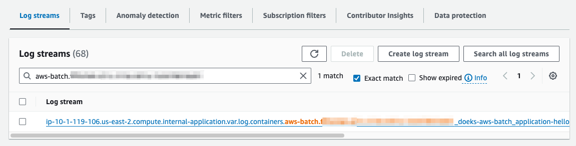 CloudWatch log stream panel showing the filtered set using the pod name.