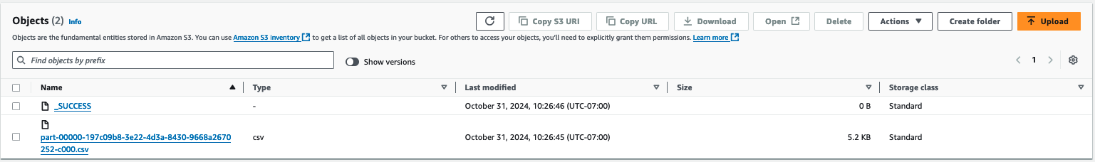 S3 bucket showing results files