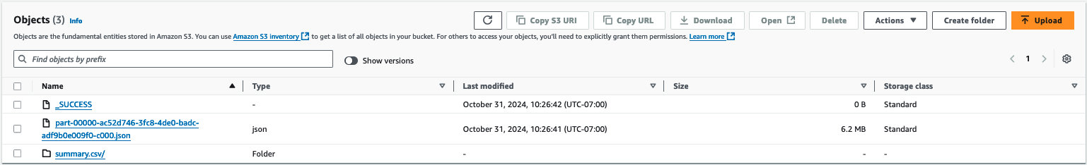 S3 bucket showing results files