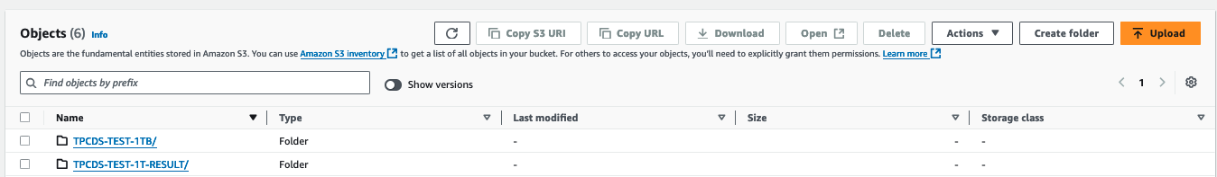 S3 bucket showing directories for results