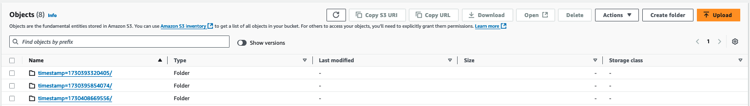 S3 bucket showing timestamp directories for results