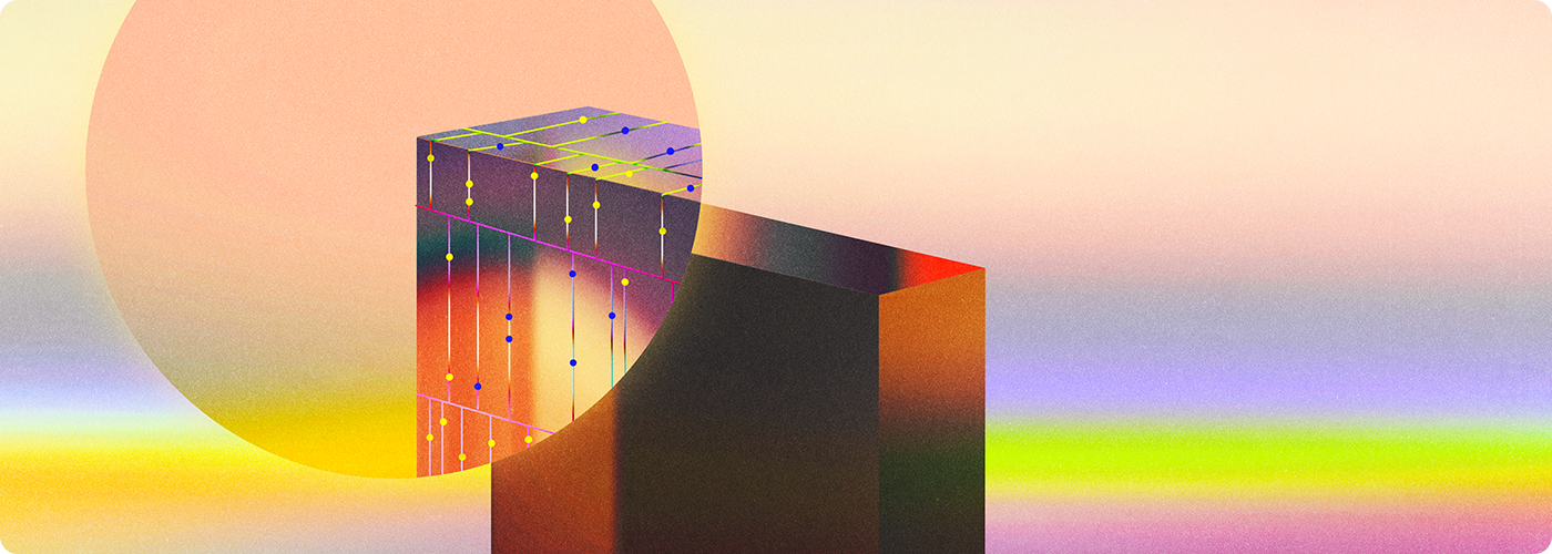 Editorial illustration symbolizing the inner workings of generative AI, featuring abstract geometric forms and vibrant gradients to represent data flow and computational depth.