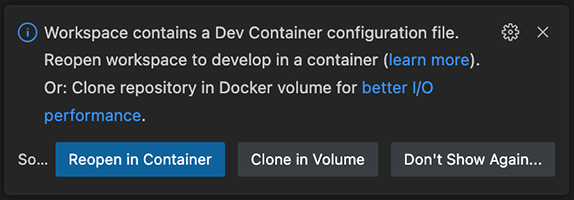 Devcontainer dialog suggesting to open workspace via a devcontainer
