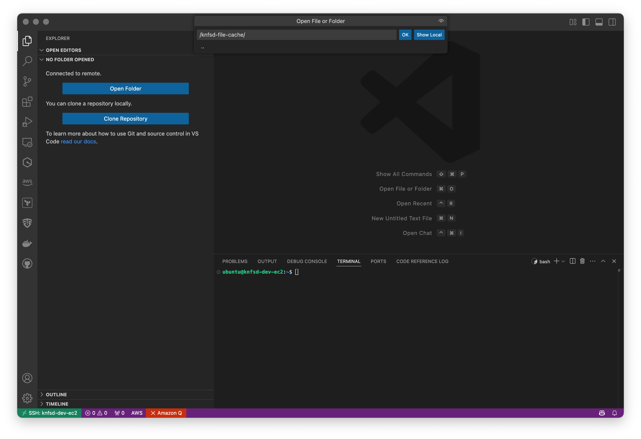 VS Code Remote-SSH initial window showing the "Open Folder" option with example file path to: "/knfsd-file-cache" displayed