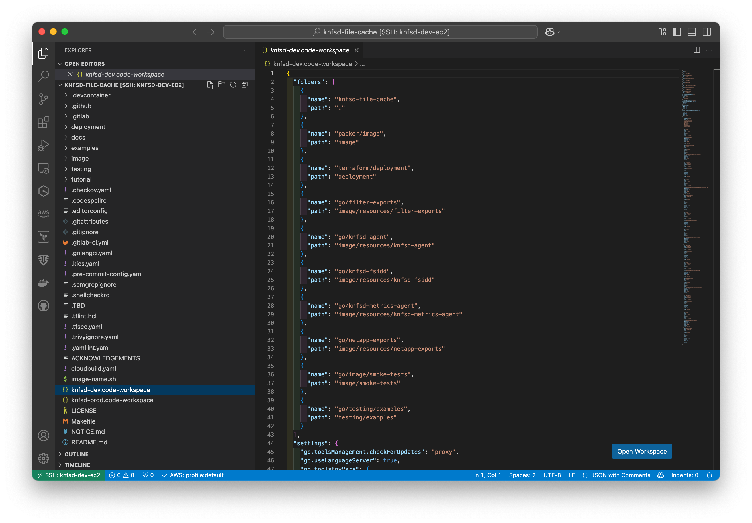 VS Code Remote-SSH window showing "knfsd-dev.code-workspace" file open in editor with "Open Workspace" button displayed