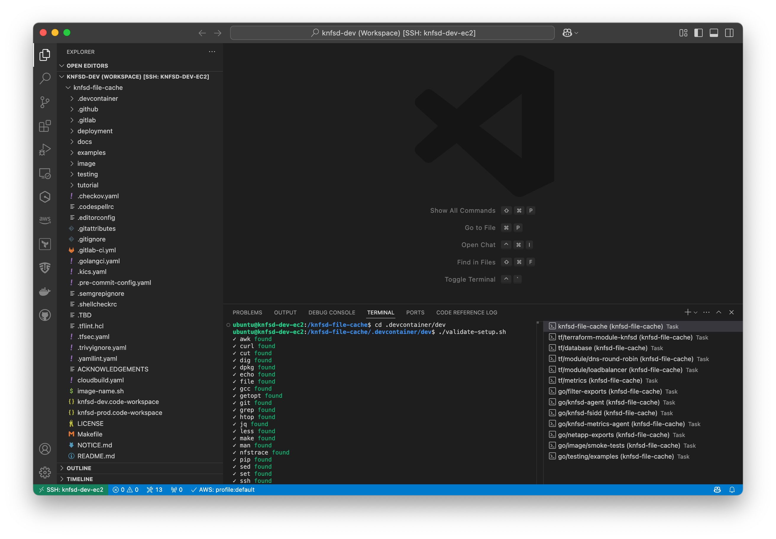 VS Code Remote-SSH window displaying the completed virtual machine build, all extensions and terminal windows loaded