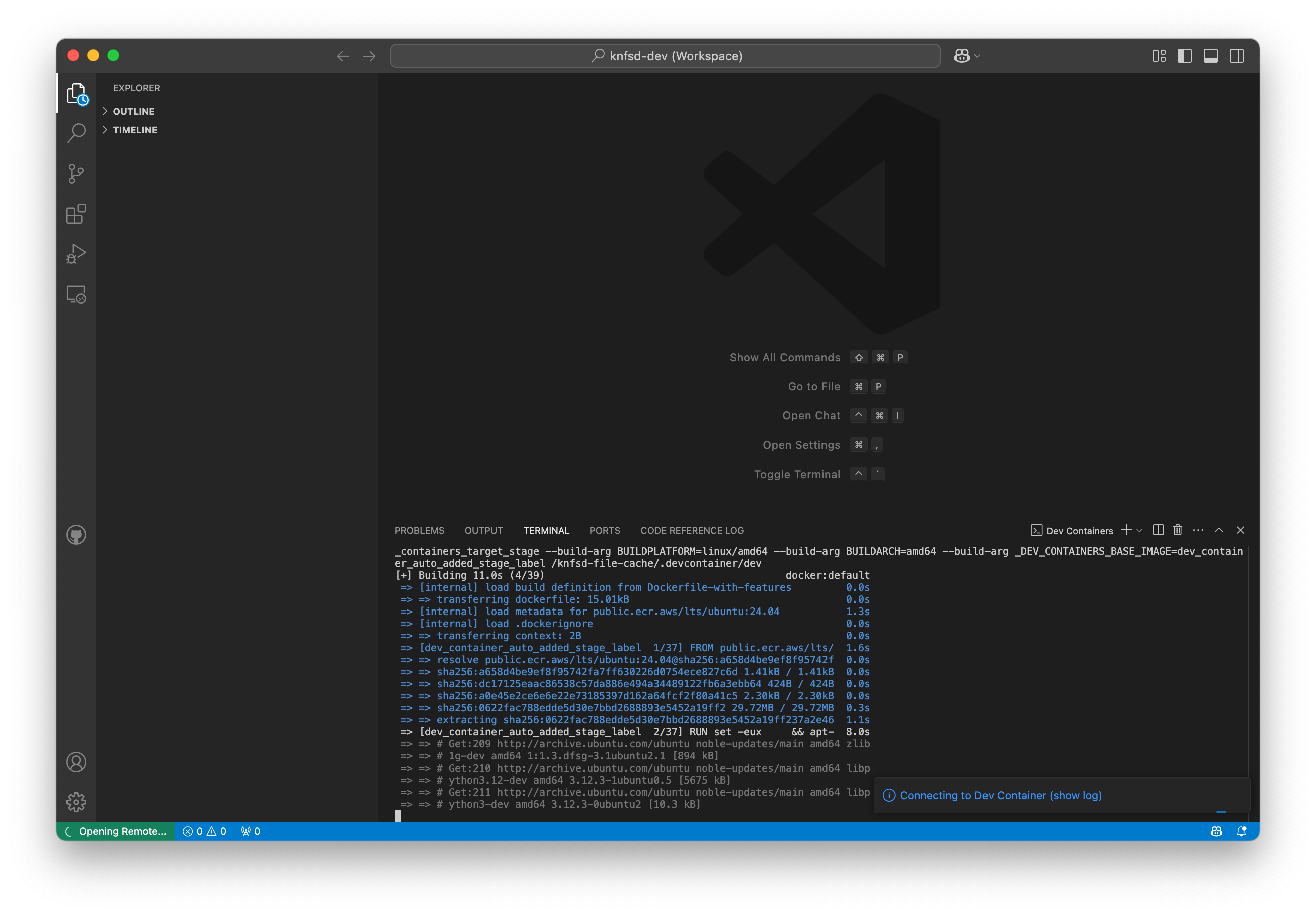 VS Code Remote-SSH window displaying the in-progress devcontainer build log in a terminal