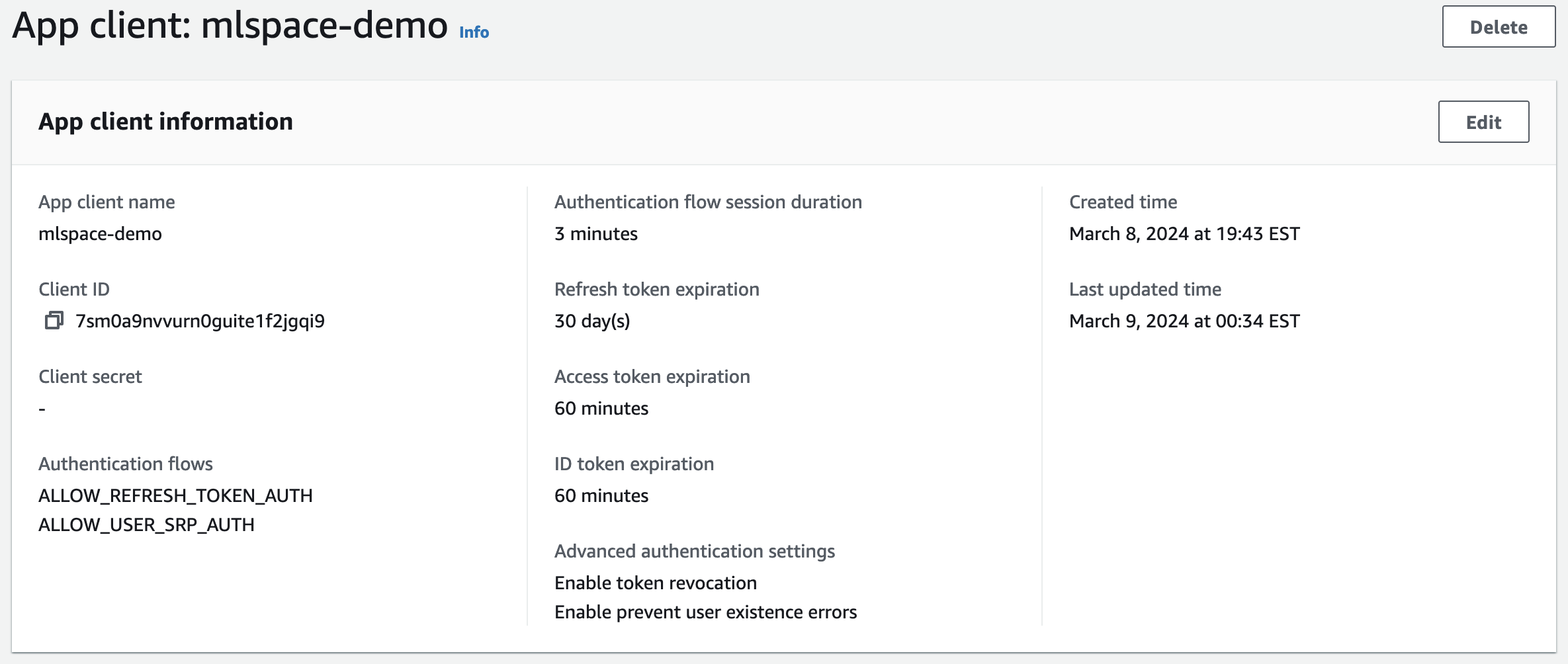 Cognito App Integration properties