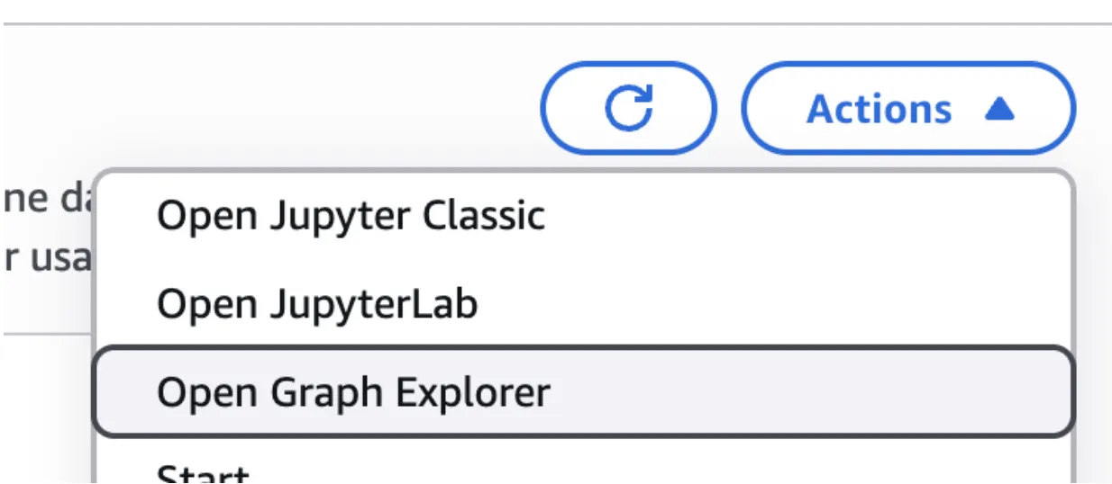 The Neptune Notebook Actions menu expanded, showing the Open Graph Explorer option.