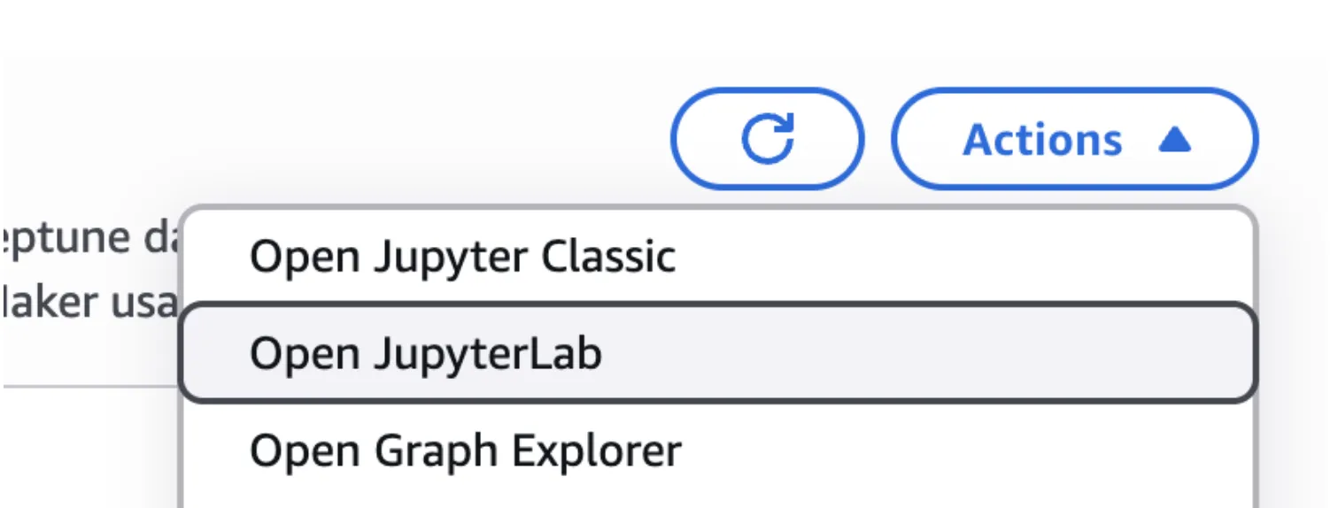 The Neptune Notebook Actions menu expanded, showing the Open JupyterLab option.