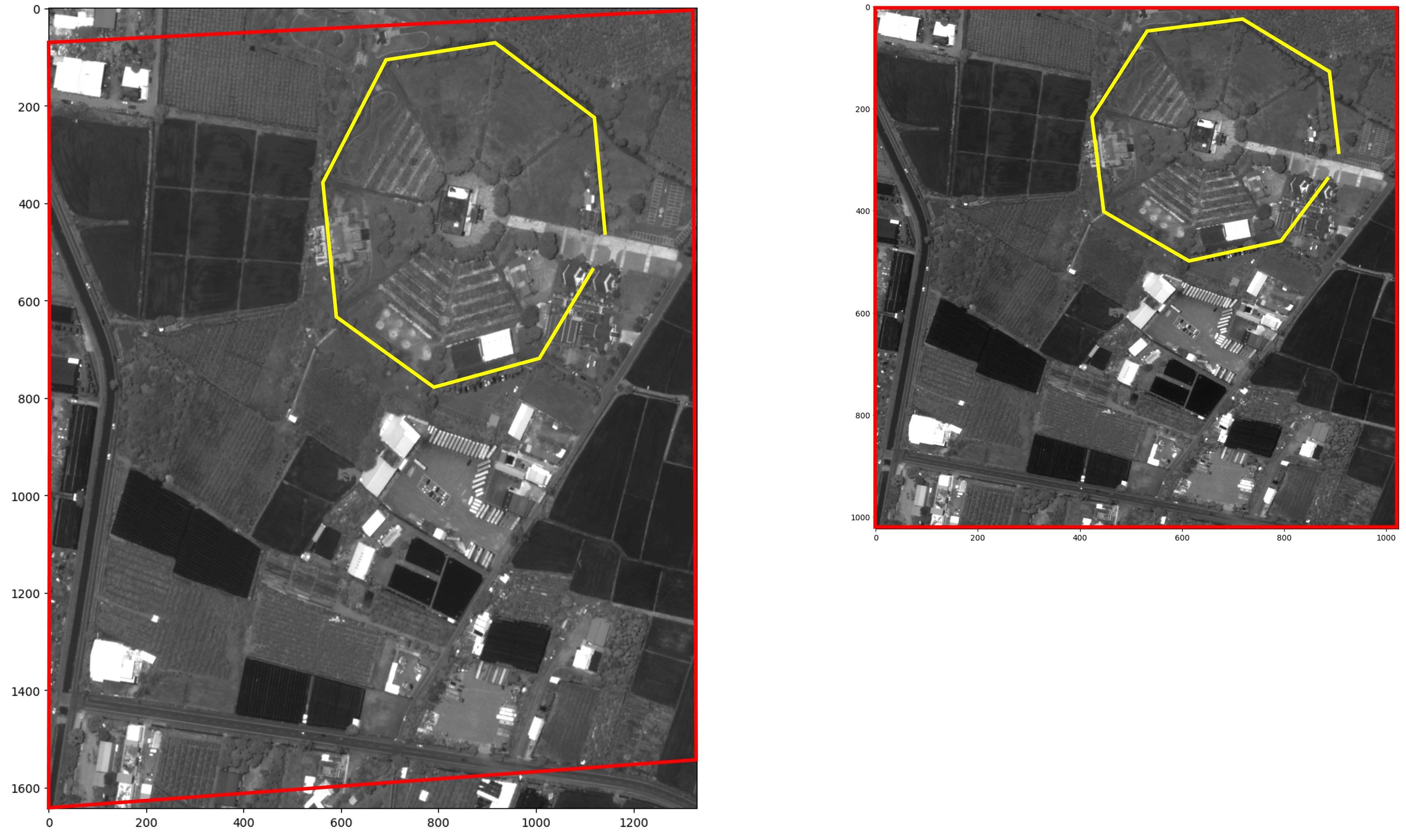 Original image with perspective effects and same area after orthorectification