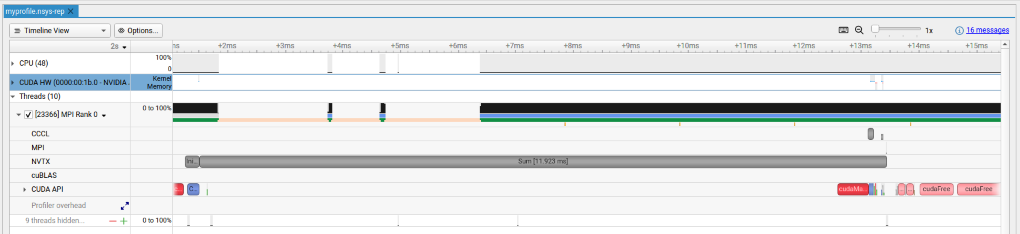 NVIDIA Nsight Systems zoomed view of Initialize and Sum NVTX blocks