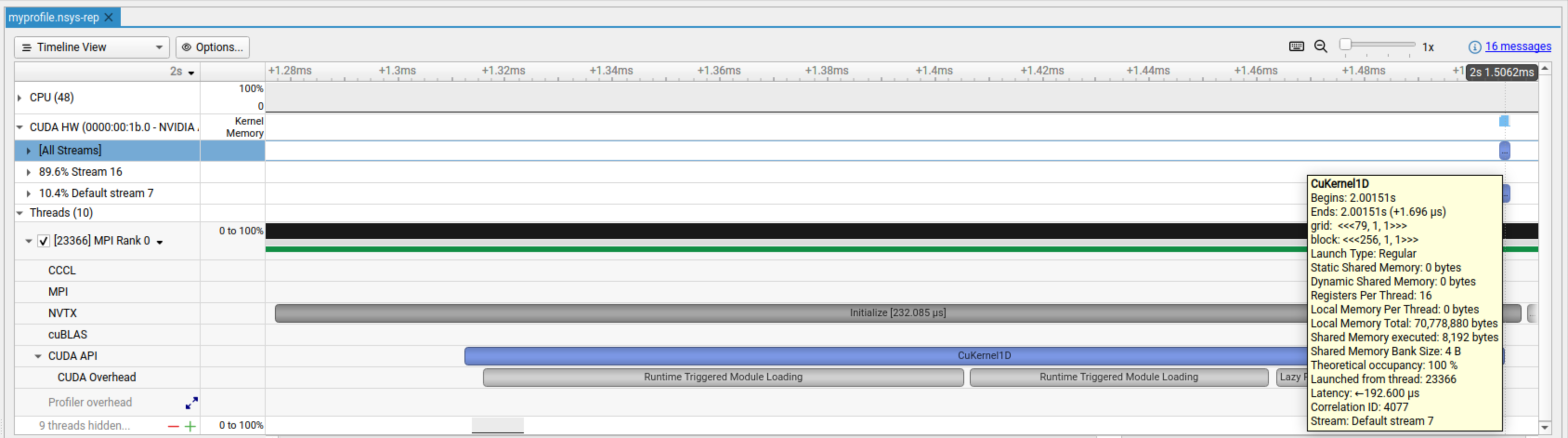 NVIDIA Nsight Systems detailed view of Initialize block showing CUDA APIs and GPU kernel execution