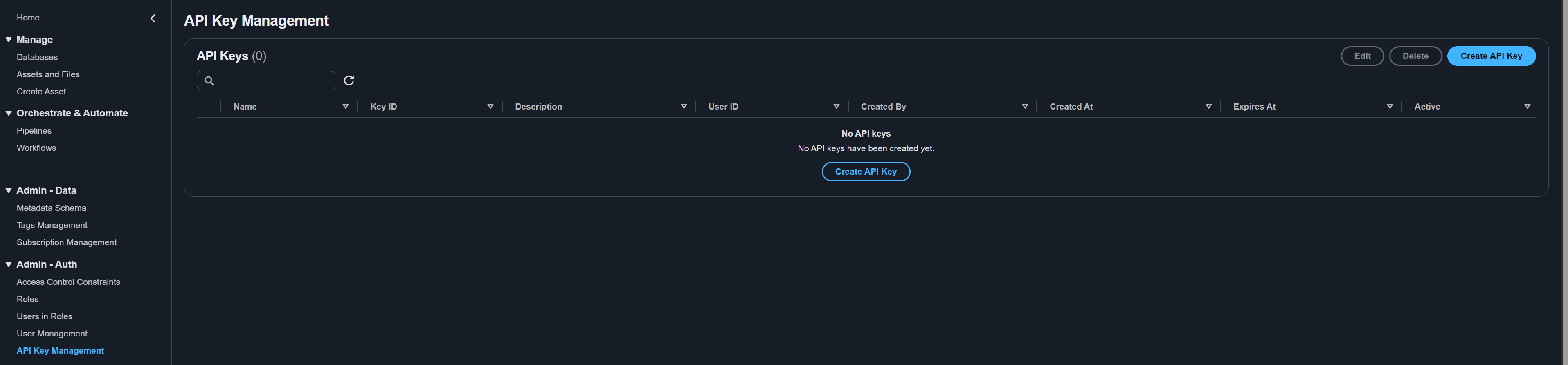 API Key Management page showing key listing and management options