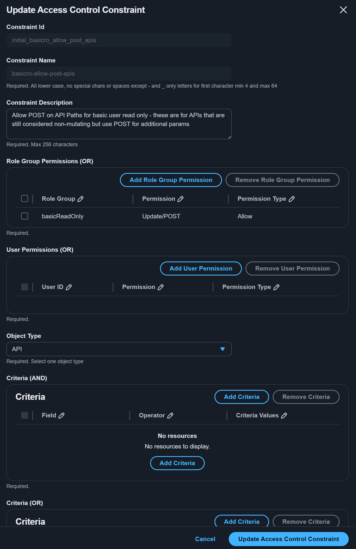 Constraint editor showing object type, criteria, and group permissions