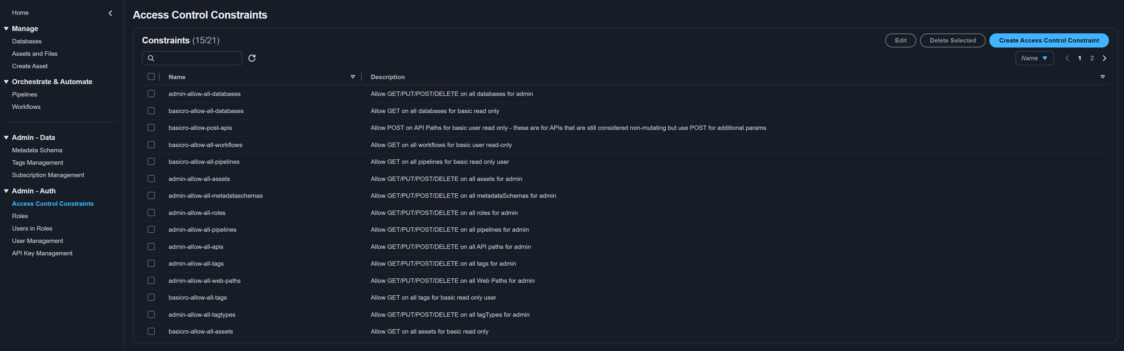Access control constraints page showing constraint definitions