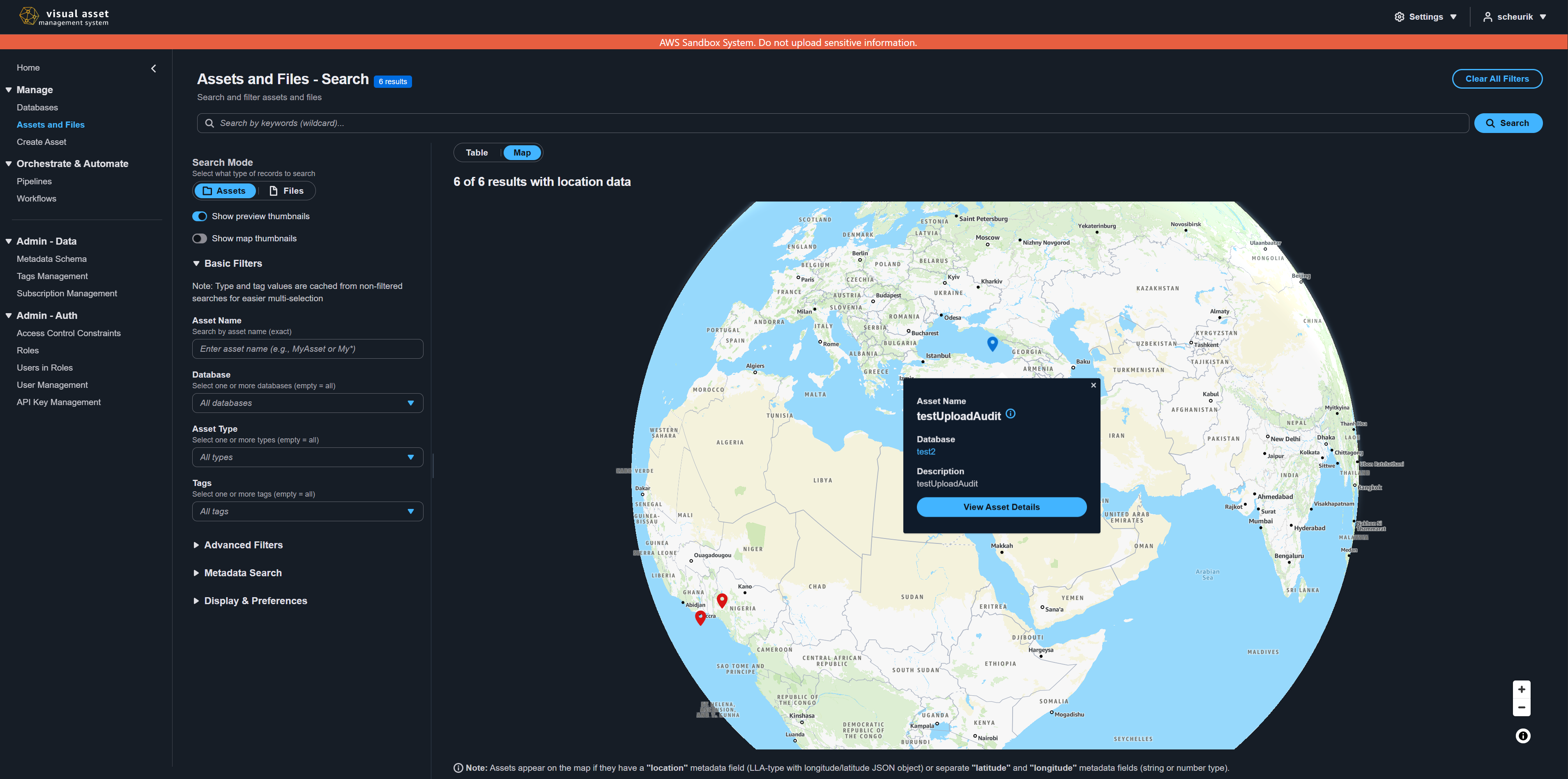 Map view showing assets plotted on a geographic map