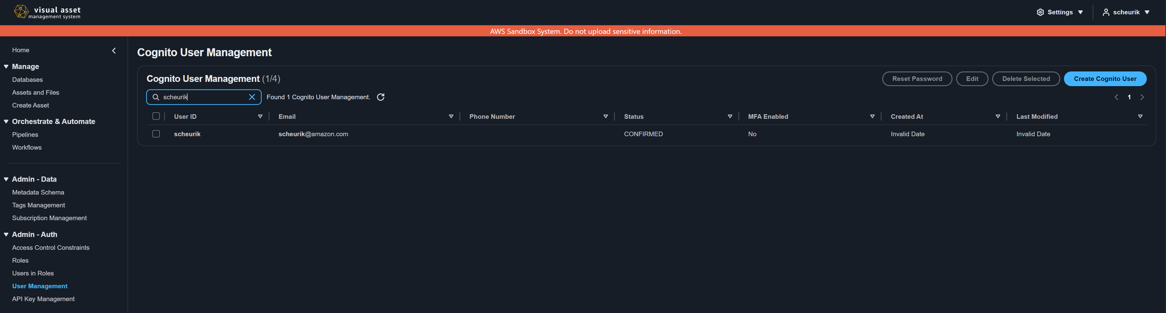 Cognito User Management page showing user listing