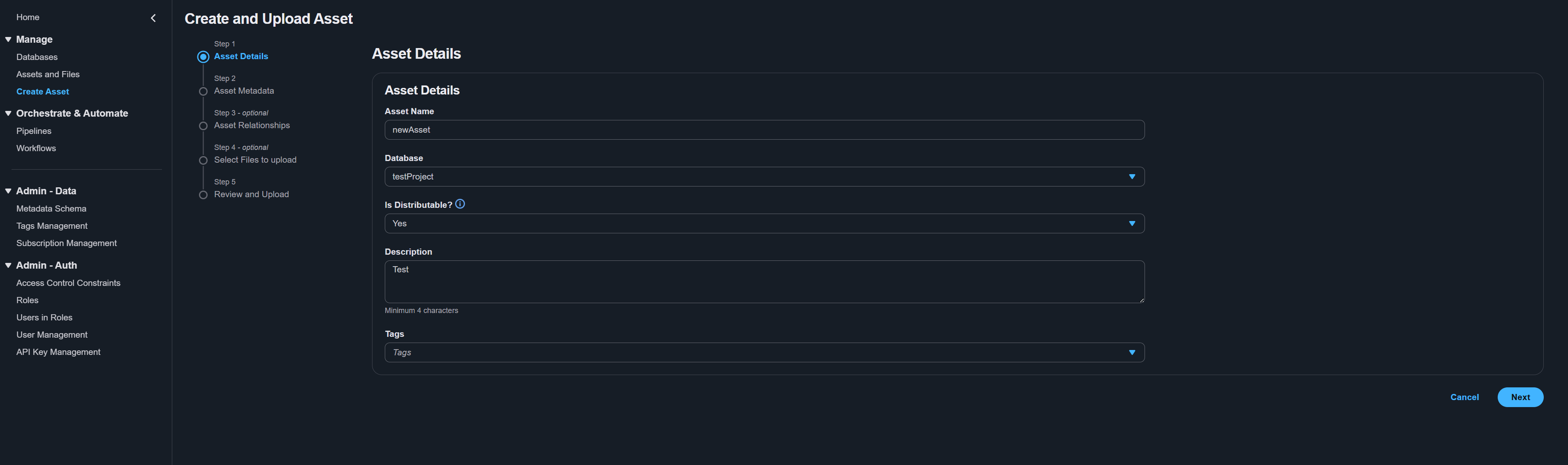 Create Asset page showing the Asset Details wizard step