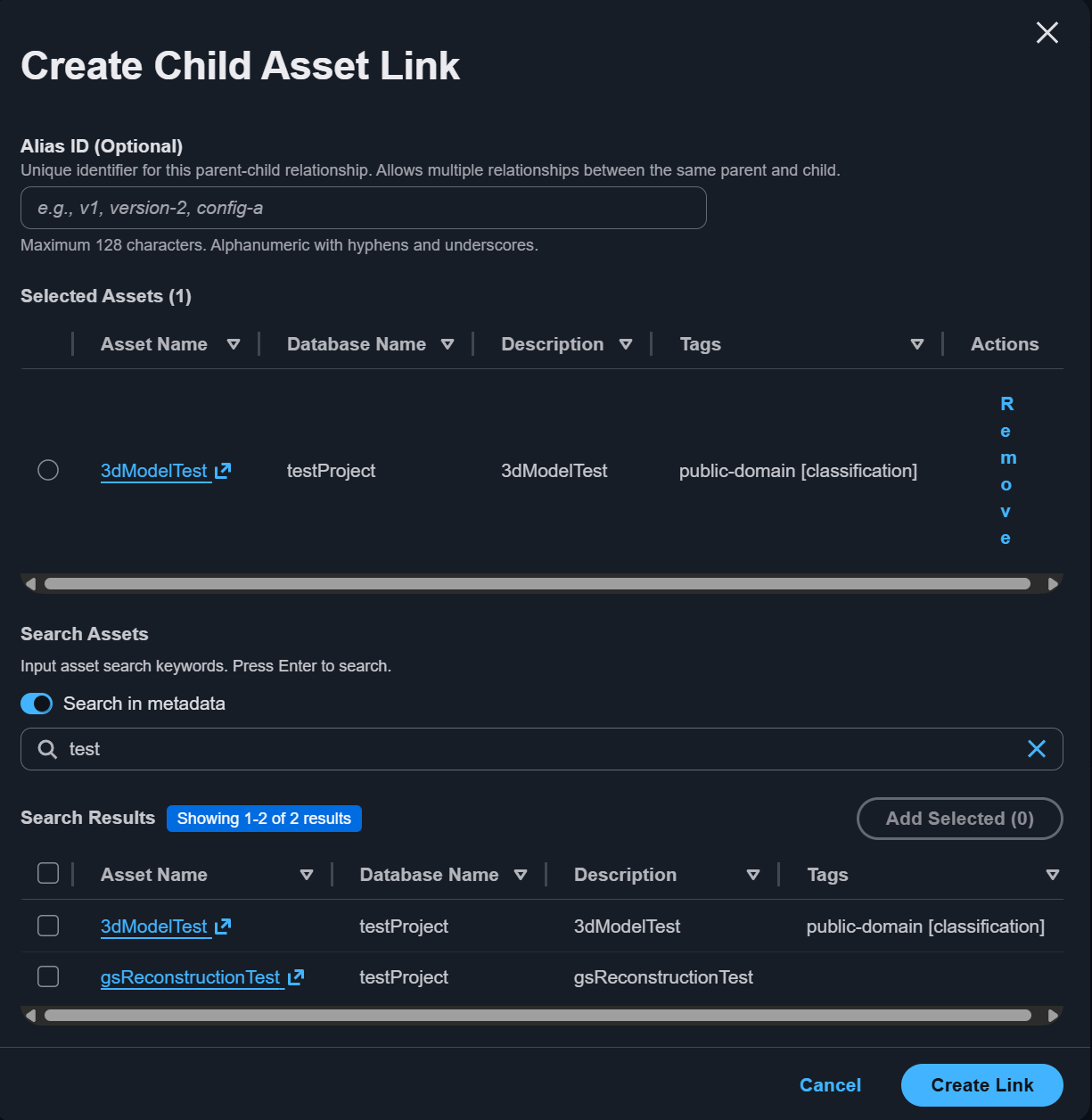 Creating a child asset link with cross-database search