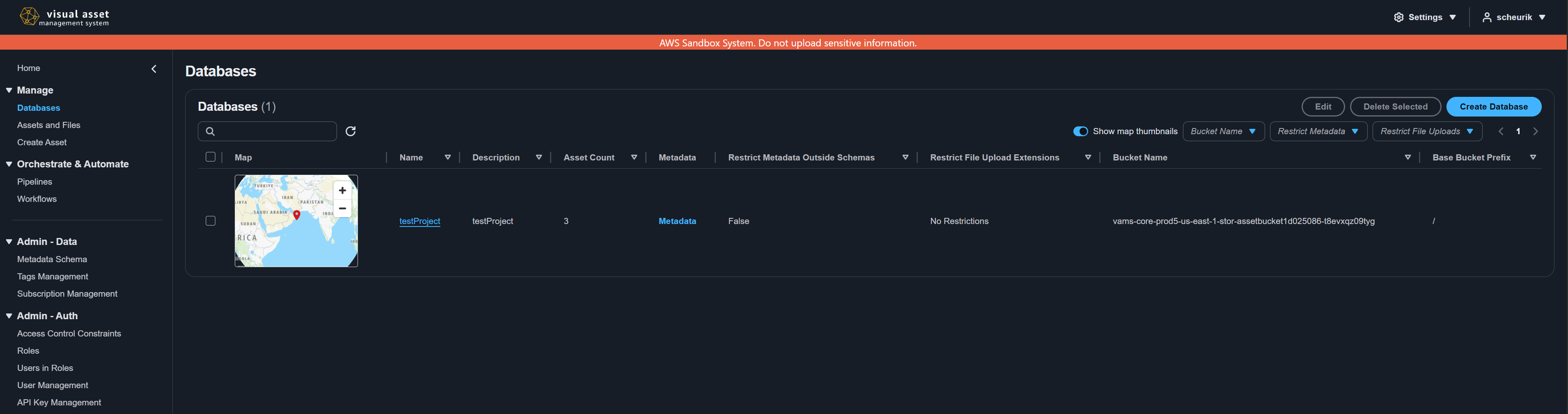 Database listing page with databases