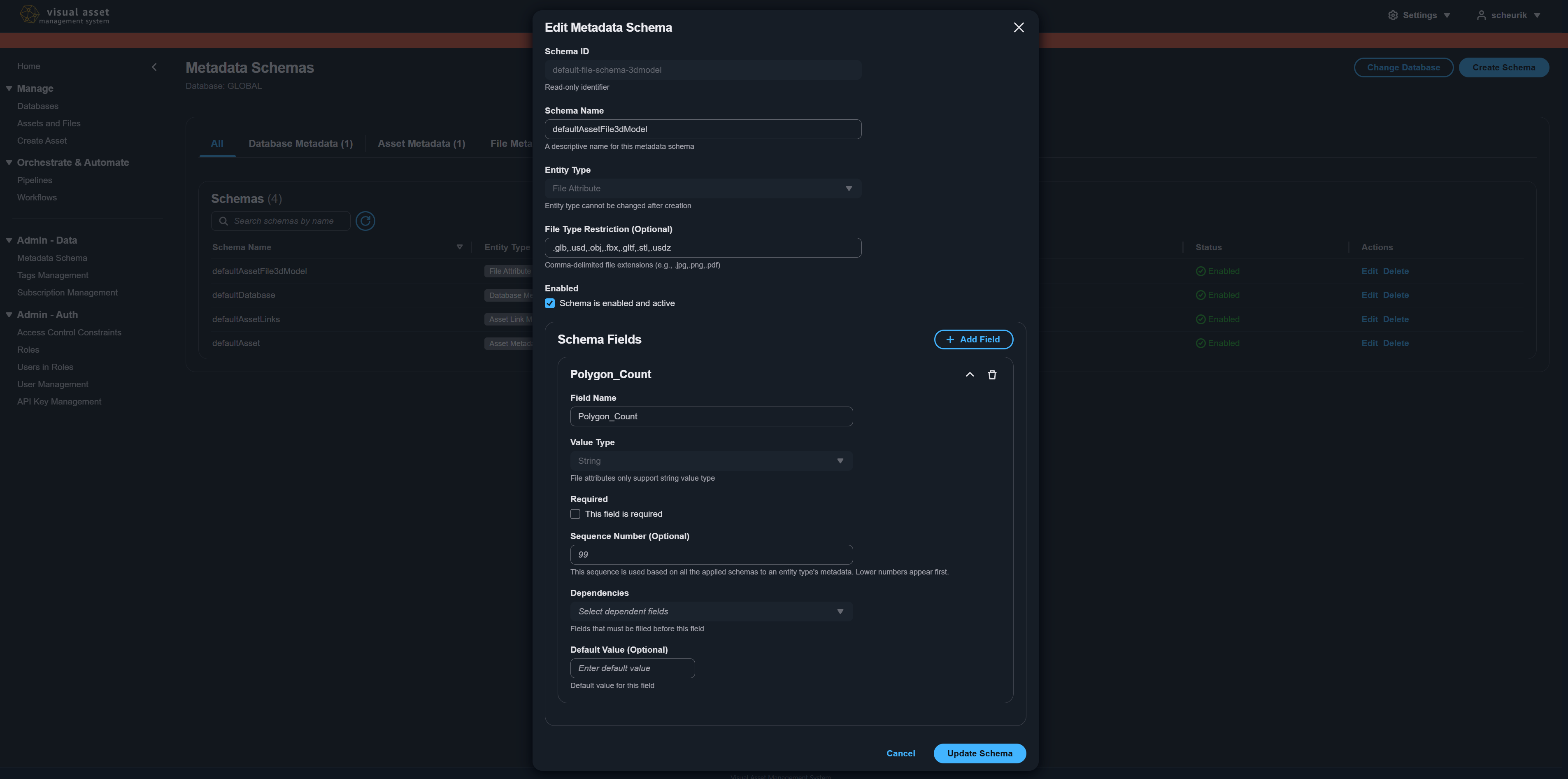 Metadata schema editor showing field definitions and value types