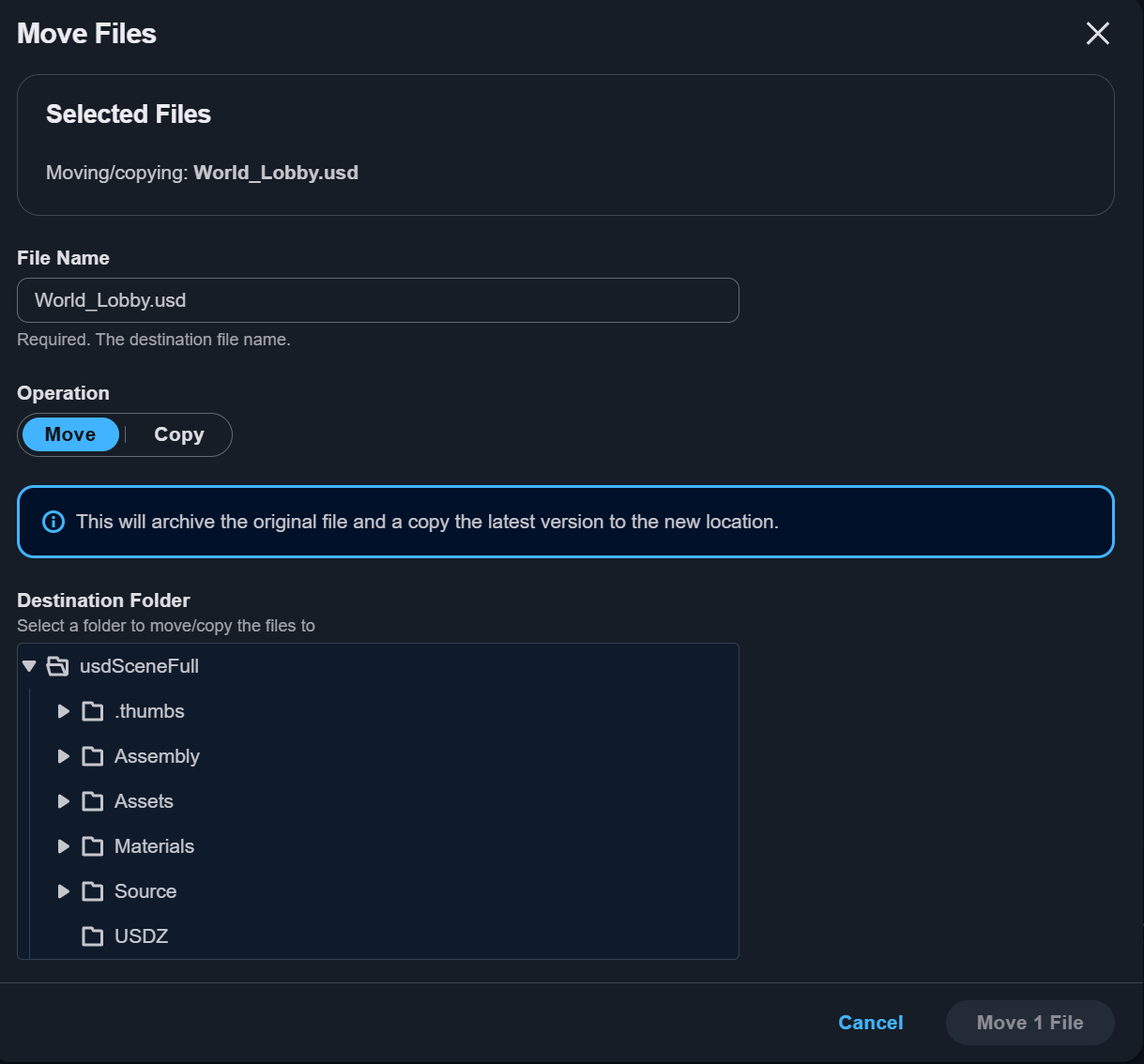 Move files modal for relocating files within the asset