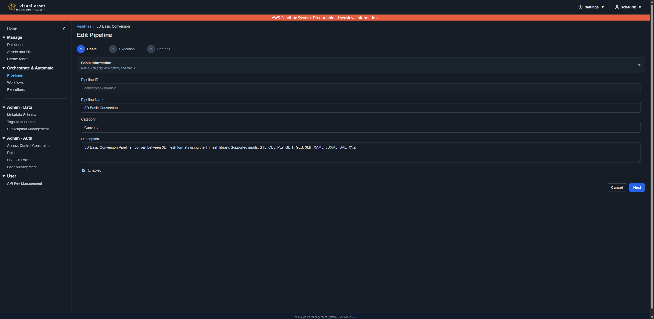 Pipeline wizard showing the Basic step and the three-step progress indicator