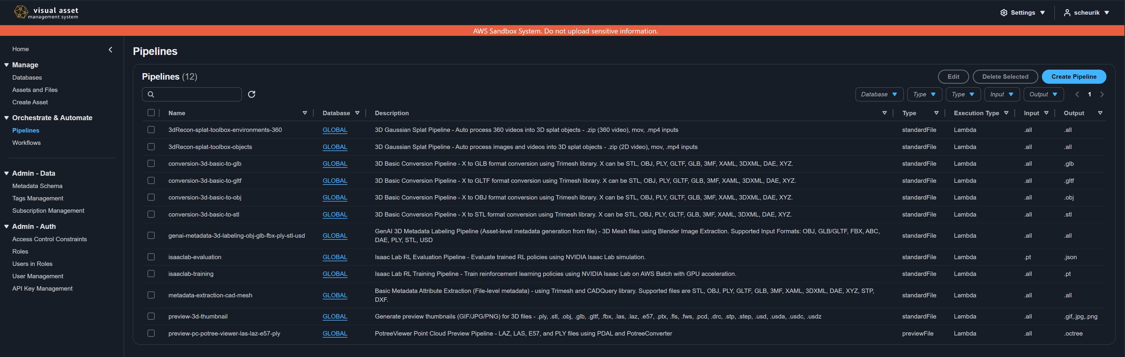 Pipelines page showing registered pipelines with properties