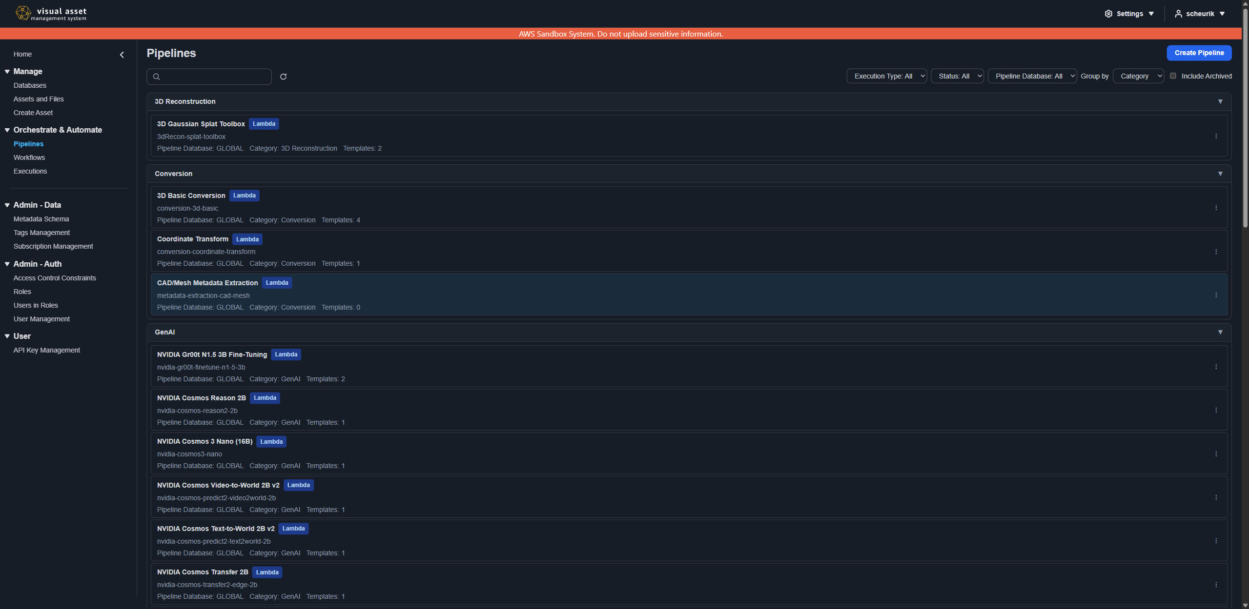 Pipelines page listing registered pipelines grouped by category