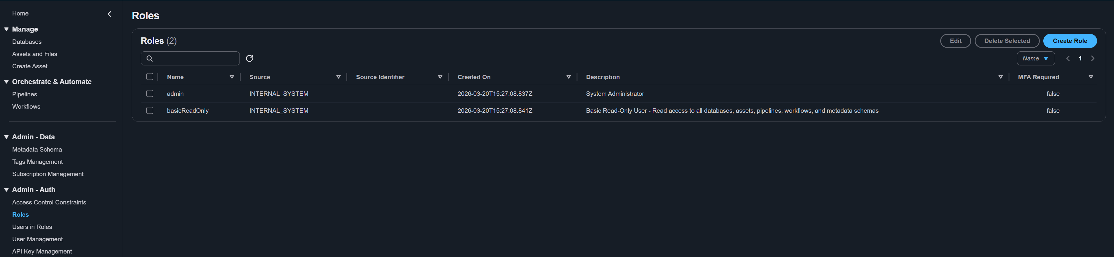 Roles page showing role definitions and management
