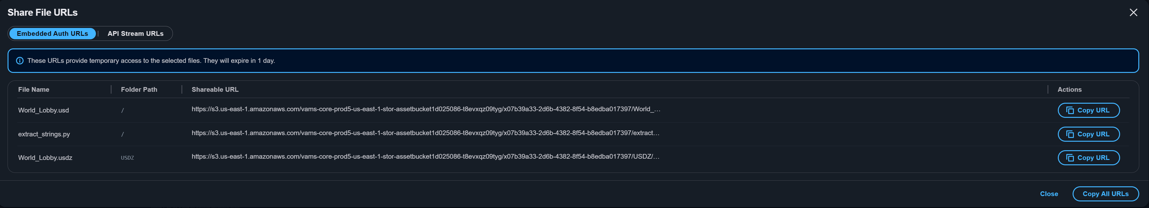 Share files modal for generating presigned URLs