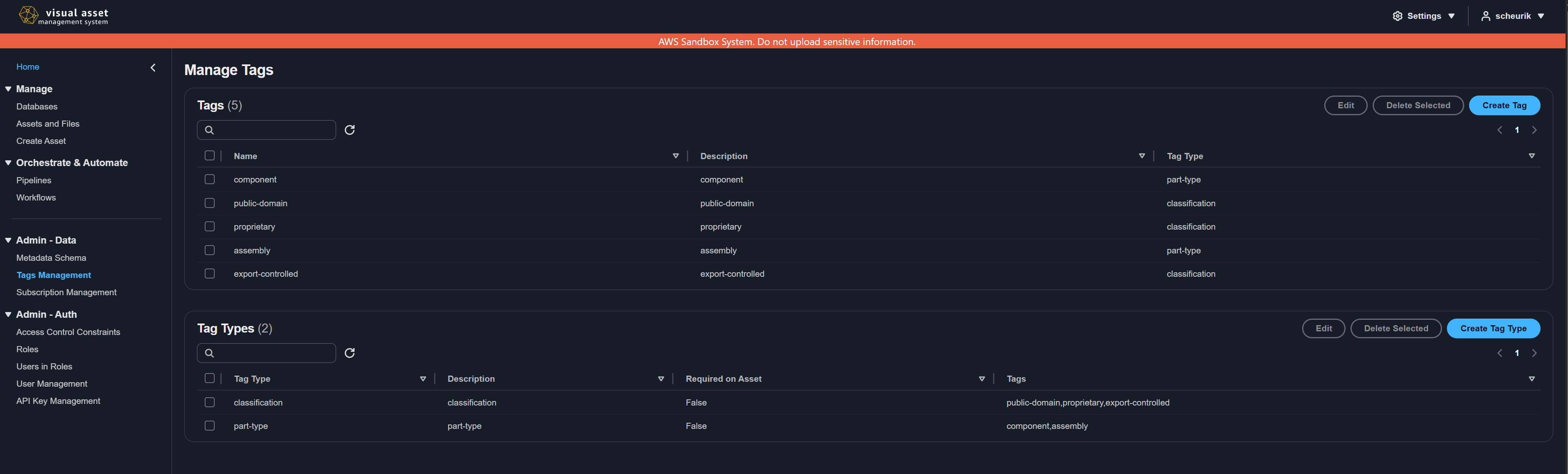 Tag management page showing tags and tag types