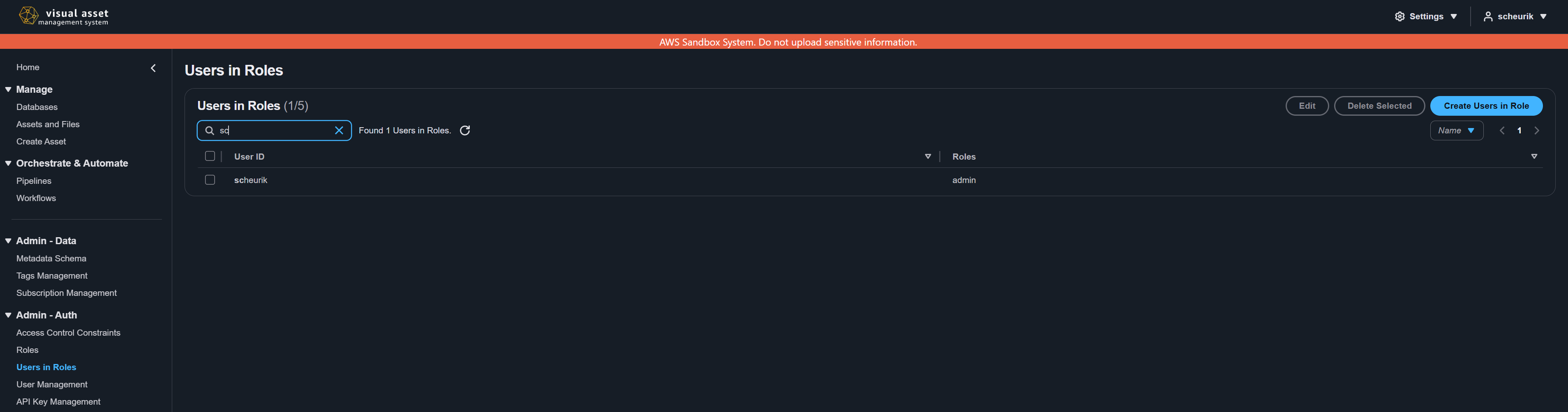 Users in Roles page showing user-role assignments