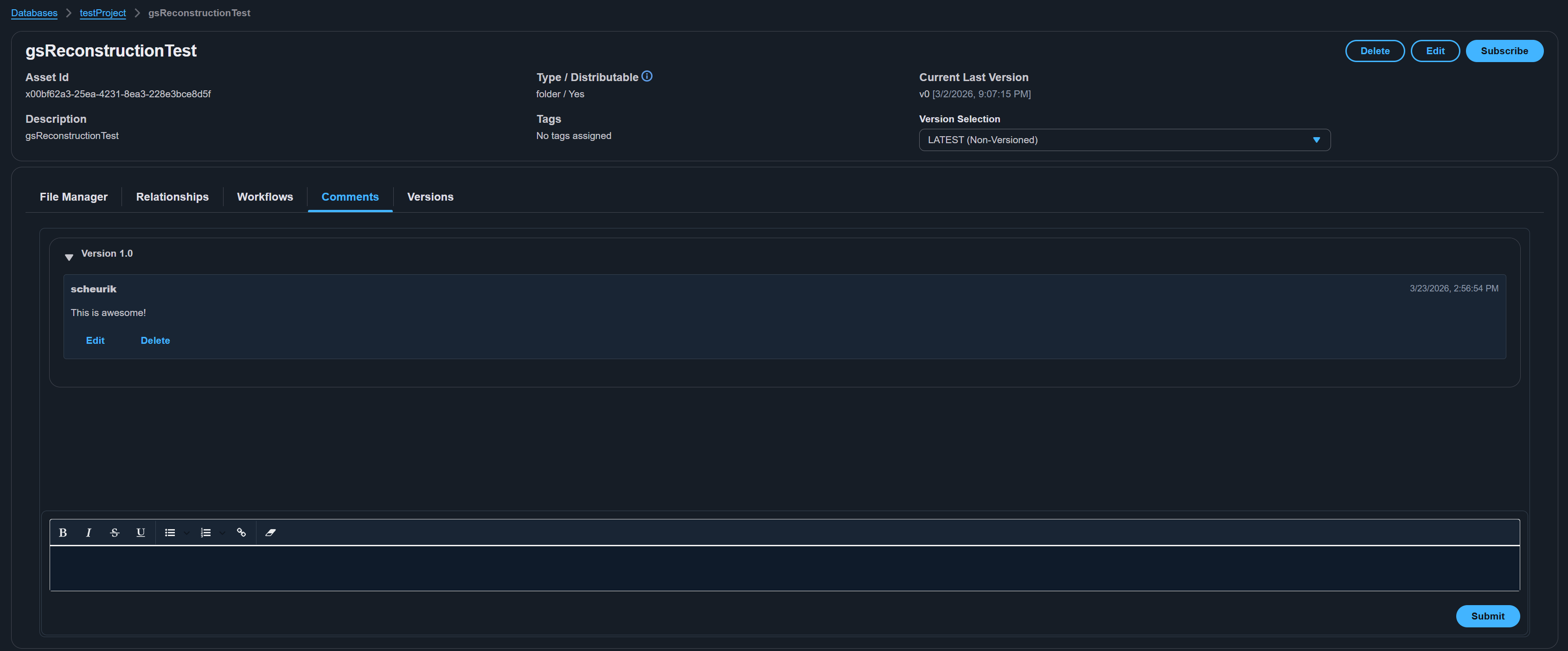 Asset comments tab with rich text editor