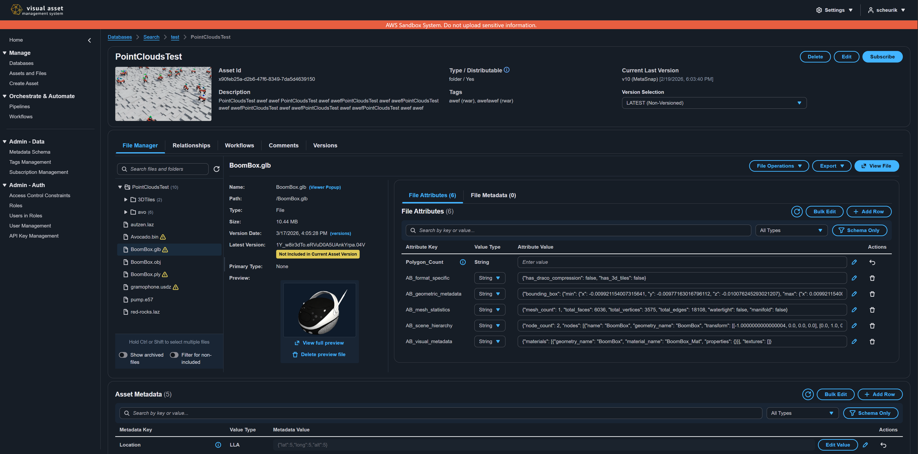 Asset detail page showing metadata, files, and properties