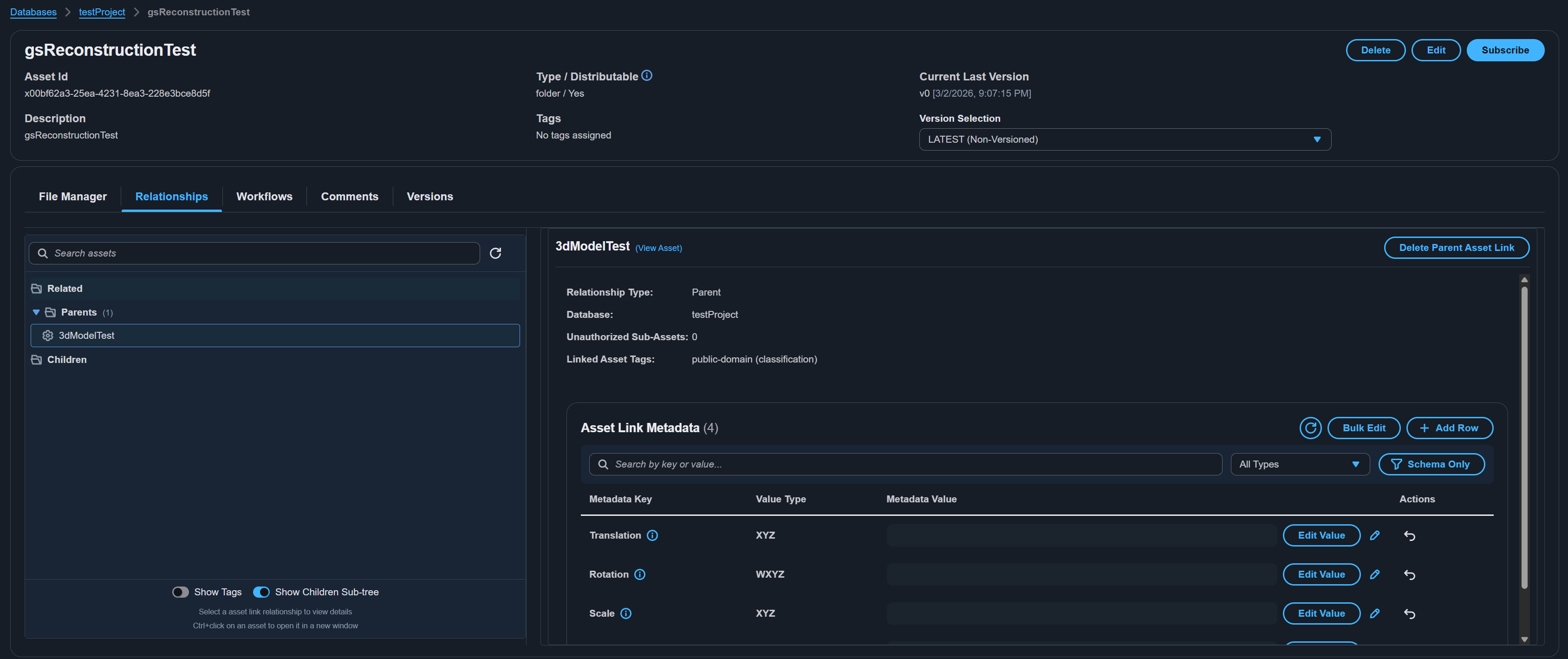 Asset relationships tab showing parent, child, and related links