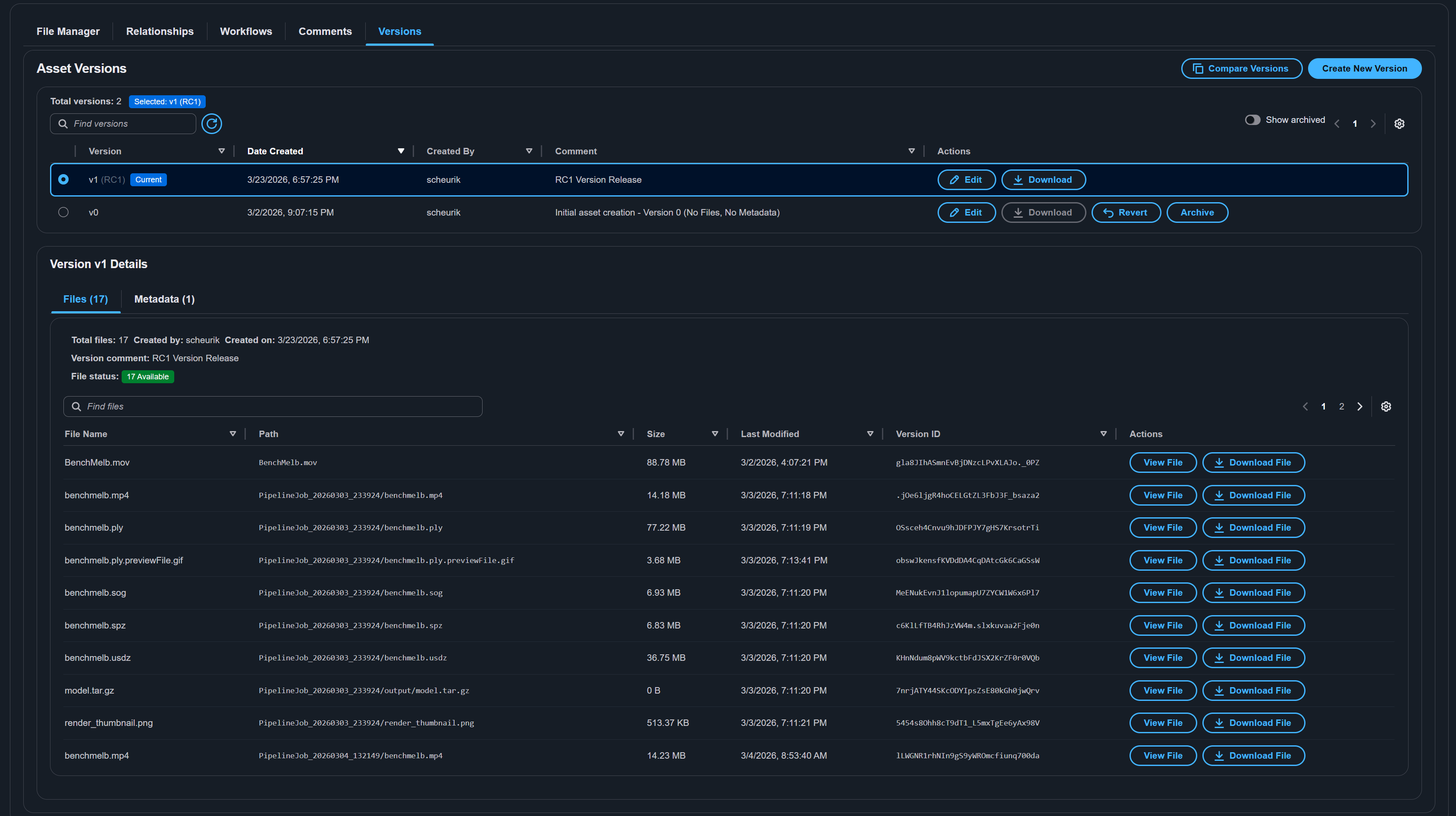 Asset versions tab showing version history