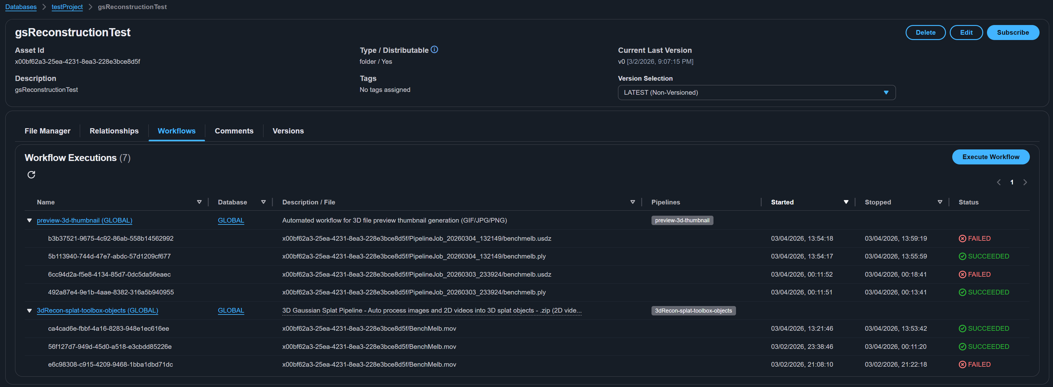 Workflow executions tab showing execution history on asset detail page