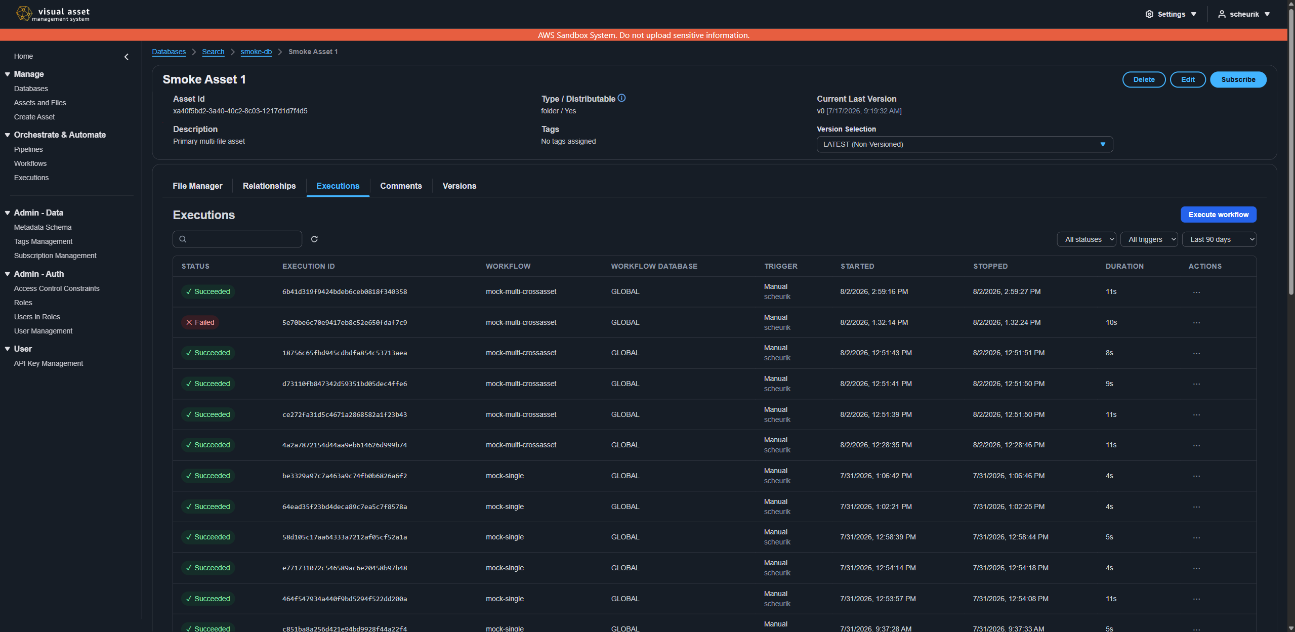 Asset workflow executions tab showing execution history