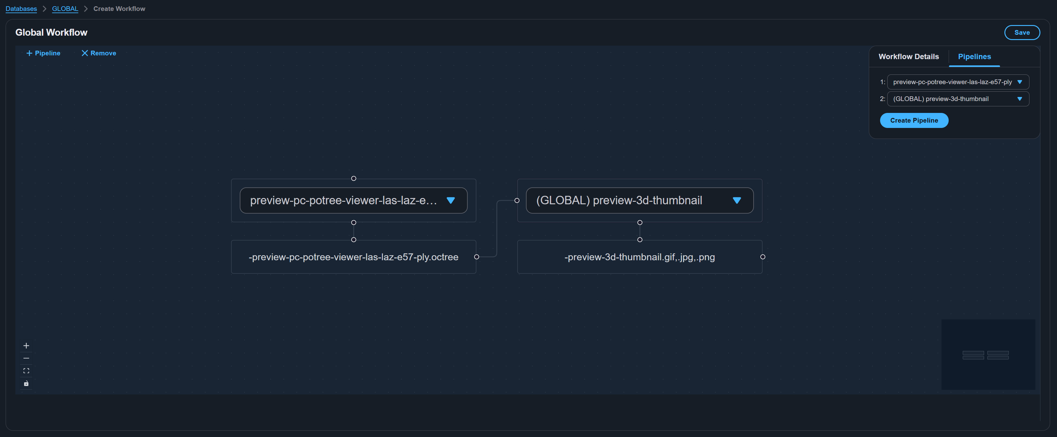 Workflow editor showing pipeline steps and visual graph