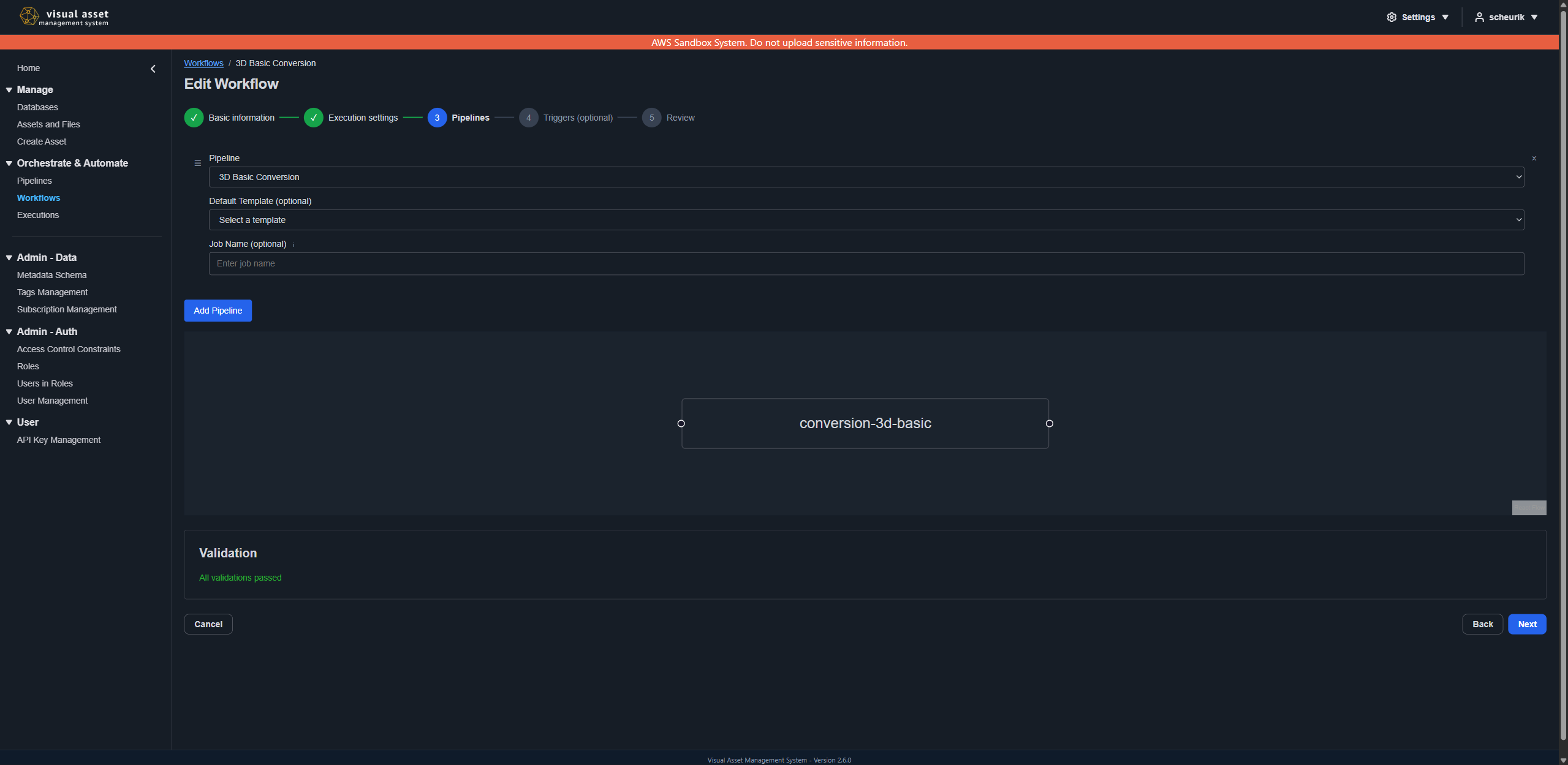 Workflow editor showing pipeline steps and visual graph