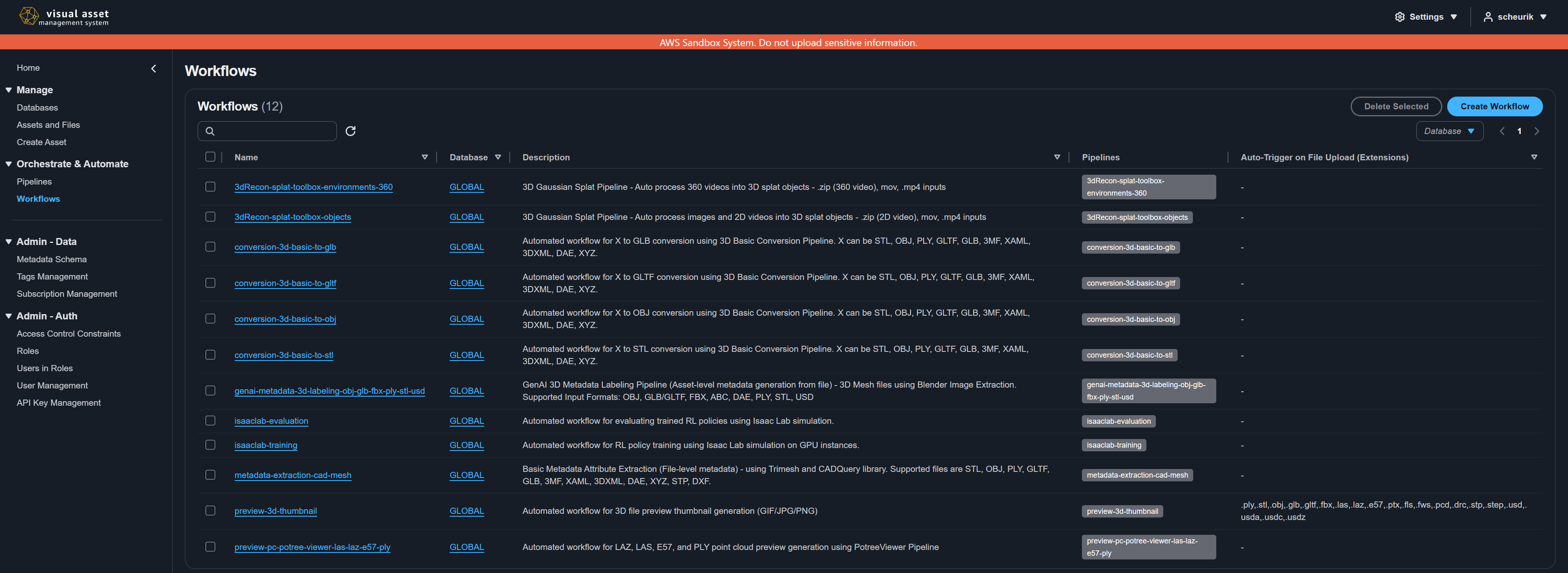 Workflows page showing available workflows