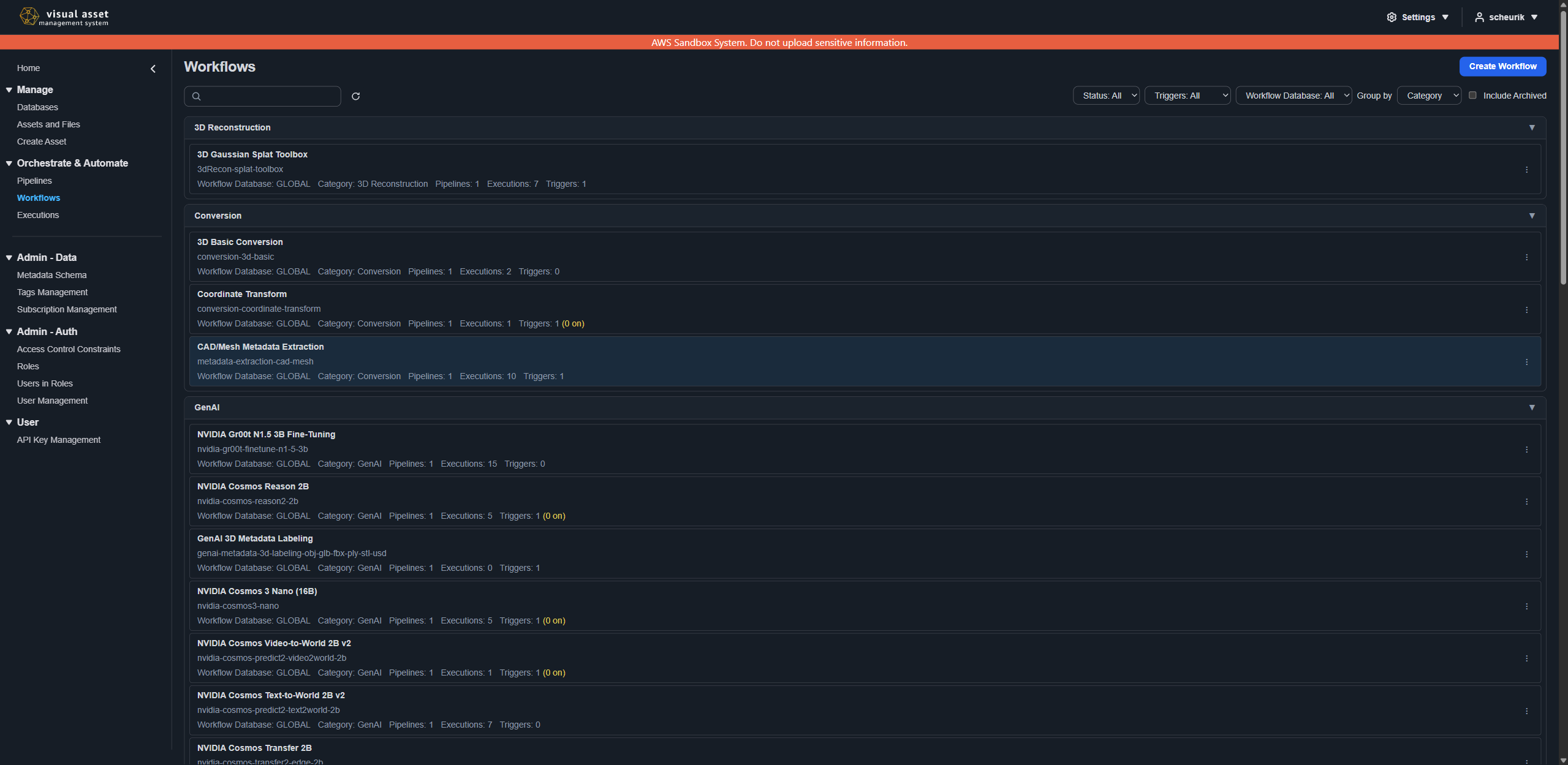 Workflows page listing workflows with pipeline, execution, and trigger counts